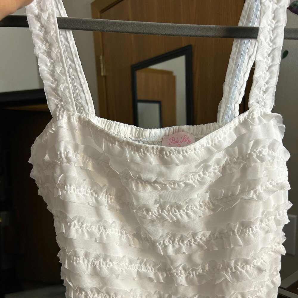 Pink Lily White Ruffle Smocked Tank Top Large Romantic Summer Chic